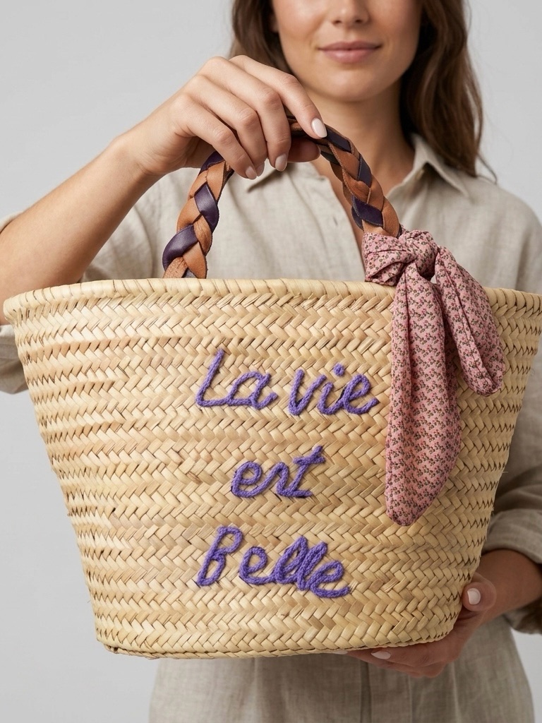 La Vie Est Belle Straw French Market Tote With Braided Leather Handles & Scarf